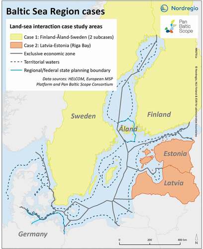 Figure 1. Pan Baltic scope land-sea interaction case study areas with two practical cases in the Gulf of Bothnia (Case 1) and Riga Bay (Case 2). Source: Nordregio and Morf et al. (Citation2019b).