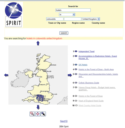 Figure 6. Results of a search using the SPIRIT system for‘hotels in Cotswolds’.
