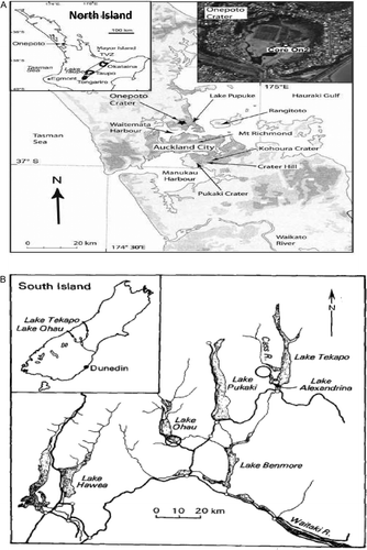 Fig. 1  Map illustrating the locations of previously studied sites of cladoceran zooplankton in New Zealand lake and river systems. (a) Lake Oneopoto (paleolake) North Island (Kattel & Augustinus Citation2010); (b) Lake Ohau and Tekapo South Island (Burns et al. Citation1984).