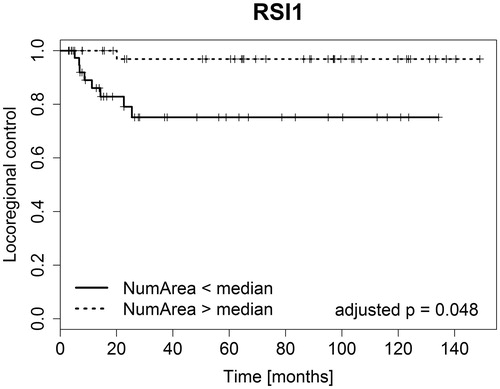 Figure 3. Plot of the Kaplan-Meier estimators for the tumor voxel cluster showing significant differences in treatment outcome between patient groups. Clustering was based on the RSI values. NumArea was the number of connected areas formed by this cluster.