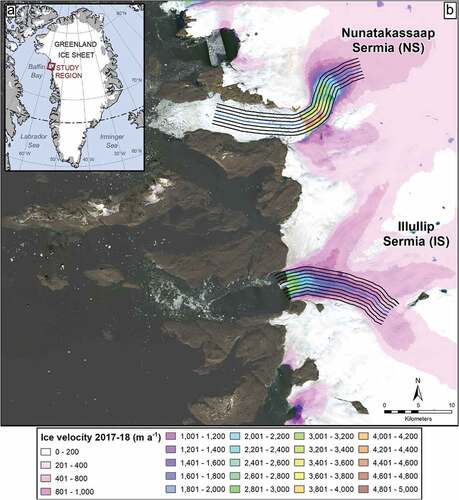 Figure 1. Location map showing (a) the location of the study area on the Greenland Ice Sheet and (b) the location of Nunatakassaap Sermia (NS) and Illullip Sermia (IS). Black lines show transects used to sample ice velocity data. Blue lines show transect used to sample surface elevation change and to calculate excess buoyancy. Image source: Landsat 8, USGS Earth Explorer, 10 August 2020. Landsat imagery is overlain with ice velocities for winter 2017–2018. Source: Joughin et al. (Citation2010, Citation2015, updated 2018).