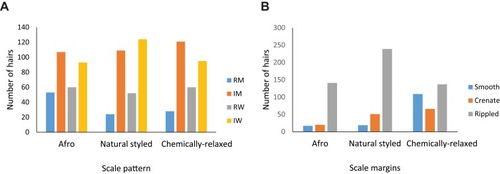 Figure 4 (A, B): Bar charts showing occurrence of conventional descriptive scale features among hair fibers from women with the three grooming styles studied. (A) shows the number of hair fibers that showed conventional scale patterns. B shows the number of hairs that had the cuticular scale margins conventionally described as crenate, smooth, and rippled.