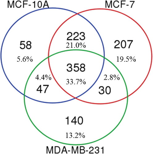 Figure 6. Unique and overlapping gene ontologies (GOs) from MCF-10A, MCF-7 and MDA-MB-231 EVs. The GO terms were identified using ToppFun from the lists of proteins identified using both Laemmli and TRIzol© extracted EV proteins.