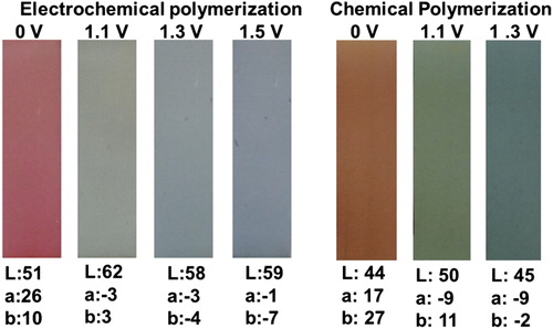 Figure 7. Colors with the L, a, and b values of the electrochemically and chemically synthesized polymers at given potentials.