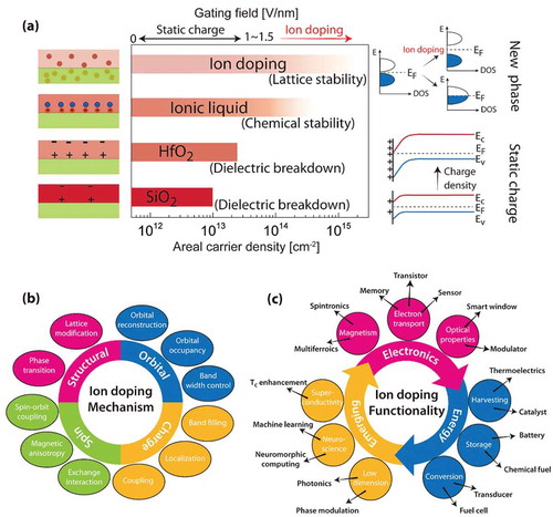 Figure 1. Mechanisms and function realization in electrostatic and ion doping processes. (a) Left and middle columns: schematic of methods and the carrier modulation capabilities of electrostatic gating and ion doping. Right column: electrostatic gating methods modestly change electronic band structure through band bending, while ion doping can result in band structure reconstruction. (b) Ion doping can be used to tune the properties of materials through structural, orbital, charge and spin degrees of freedom. (c) Functionalities that can be tuned by ion doping, and potential relevance to electronics, energy and emerging applications.