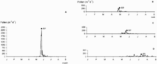 Fig. 4. Construction of the centre of gravity of the area included by the pollen curve for 2001 in Obergurgl: A. Alnus, B. Betula, C. Pinus, and D. Poaceae.