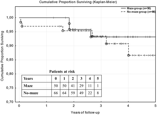 Figure 1. Kaplan–Meier cumulative proportion survival curves for patients with and without concomitant Cox-maze IV cryoablation procedure.