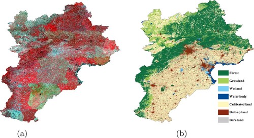 Figure 7. Original Landsat image and reference land-cover map: (a) Original Landsat image and (b) Reference.