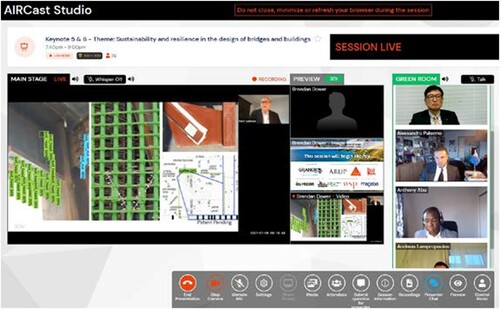 Keynote session snapshot: Mark Sarkisian presenting in the session theme “Sustainability and resilience in the design of bridges and buildings” with Dr. Akio Kasuga (top right corner) and Dr. Andreas Lampropoulos (bottom right corner) acting as a chair.