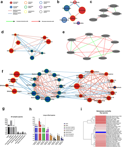 Figure 4. Bacterial networks in patients with long- vs short PFS. Network maps show the correlation, phylogenetic origin and representation in patients with long- vs short PFS of key genera and species. Nodes represent taxa, where association with long (blue)- or short (red) PFS and phylogenetic classification are color-coded (A). Size of nodes reflects median CLR value of the taxon in the whole cohort. Edges represent significant (p < 0.01) positive (red) or negative (blue) correlations (r > [0.4]) among nodes. Thickness of edges reflect rho values according to Spearman’s correlation coefficients. Correlations r < [0.4] and p ≥ 0.01 are not shown in networks. Nodes and taxa without minimum one significant correlation (r > [0.4], p < 0.01) and a minimum median CLR of 0 (genera) or − 1 (species) are not shown in networks (B,D,F,G). Using the Diffany network analyzer module from Cytoscape, differential analysis of long- vs short PFS networks were performed, where red arrows depict a decreasing level of association-, while green arrows denote an increasing level of association between two taxa in bacterial networks. Diffany diagrams use the long PFS population as reference point and shows how the short PFS population differs from it (C,E,H). Long PFS patient-networks were used as reference for Diffany graphs, so diagrams depict how the network differs in patients with short PFS. Panels show whole cohort network and Diffany diagram for phyla (B,C), and for key genera (D,E). Panel F shows whole cohort network for key species. Number of nodes, edges, average number of neighbors, characteristic path length between nodes, clustering coefficient, density, heterogeneity and centralization of networks are shown in the whole cohort (G) and compared between long- and short PFS patient networks (H). Dendrogram depicts clusters in the whole cohort species, revealing a cluster (A) with high betweenness centrality and a cluster (B) with relatively low betweenness centrality (I).