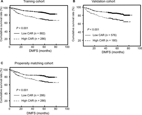 Figure 2 Prognostic value of the C-reactive protein/albumin ratio (CAR) for distant metastasis-free survival (DMFS) in the training cohort before matching (A), the validation cohort (B) and training cohort after 1:1 ratio matching (C).