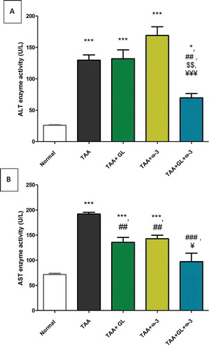 Figure 3. Change in serum (a) alanine aminotransferase (ALT) and (b) aspartate aminotransferase (AST) activities in rats after oral administration of glycyrrhizin (GL) (25mg/kg/day), omega-3 fatty acids (ω-3) (150 mg/kg/day) and their combination for 8 weeks along with thioacetamide (TAA) (200mg/kg twice weekly).Values: (Mean ± SE), n = 8 rats per group. .* = significant against normal group at P < 0.05, *** = significant against normal group at P < 0.0005, ## = significant against TAA group at P < 0.05, ### = significant against TAA group at P < 0.005 $$ = significant against GL group at P < 0.005. ¥ = significant against ω-3 group at P < 0.05. ¥¥¥ = significant against ω-3 group at P < 0.0005.