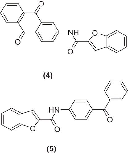 Figure 1.  Chemical structures of compound 4 [N-(9,10-dihydro-9,10-dioxoanthracen-2-yl)benzofuran-2-carboxamide] and compound 5 [N-(4-benzoylphenyl)benzofuran-2-carboxamide].