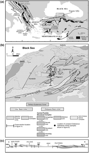 Figure 1. (a) The main tectonic units in NW Turkey and the location of the study area. (b) Simplified geological map showing the structural units in the study area and its surroundings (modified after MTA, Citation2012). (c) Simplified structural section with the main tectonic slices along the southern Daday–Araç geotraverse the study area. Explanations are the same as Figure 1(b).