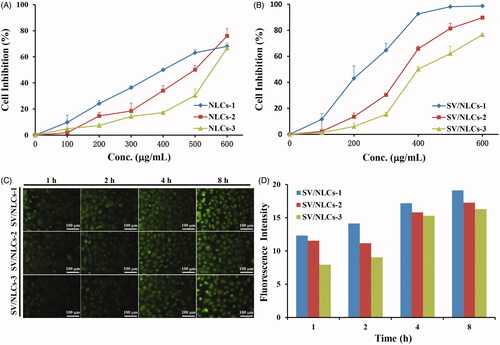 Figure 2. The cytotoxicity and cellular uptake of NLCs against EAs. The cells viability influence of blank NLCs (A) and SV/NLCs (B) against EAs after incubation for 48 h. (C) Cellular uptake of FITC-labeled SV/NLCs (bar = 100 μm). (D) The semi-quantitative analysis of cellular uptake by the software “Image J”. The data represent the mean ± SD (n = 3).