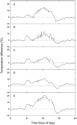 FIGURE 8. Mean temperature difference between air measured at 1 cm above bare soil and surface temperature at locations on the transect corresponding to (A) Penstemon heterodoxus, (B) Poa glauca, (C) Eriogonum ovalifolium, (D) boulder, and (E) bare soil. Data are means of 5 locations at the study site on 1–2 August 2005.