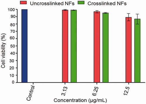 Figure 5. In vitro cytotoxicity against Caco-2 cell line using MTT assay. Each point represents the mean ± SD, n = 3.
