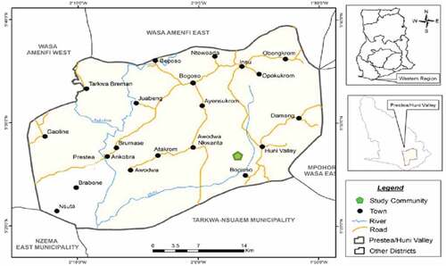 Figure 1. Prestea Huni-Valley District map with the study community marked with a green pentagon symbol.