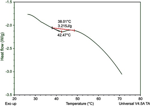 Figure 3 Differential scanning calorimetric scan (DSC) analysis of nanoniosome (Tween-60: cholesterol: DPPC: DOTAP: DSPE-mPEG 45:5:15:30:5) (molar ratio).Abbreviations: DPPC; 1, 2-dipalmitoyl-sn-glycero-3-phosphocholin; DOTAP, 1, 2-dioleoyl-3-trimethylammonium propane; DSPE-mPEG; distearoylphosphoethanolamine-polyethylene glycol.