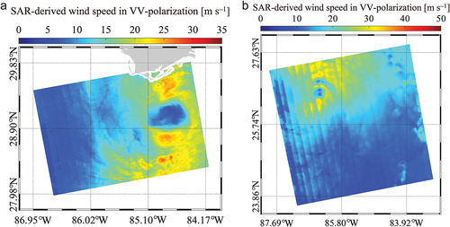 Figure 6. (a) inverted wind map from IW images in VV-polarization over TC Hermine; and (b) inverted wind map from EW images in VV-polarization over TC Michael.