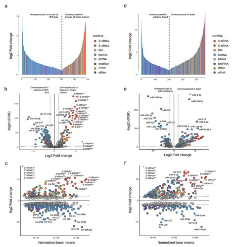 Figure 3. Differentially expressed transcripts between tissue samples coloured according to sncRNA type (a–c) Limbic system (Amygdala and Hippocampus) vs. HPA Axis (Hypothalamus and Adrenal gland); (d–f) Brain (Amygdala, Hippocampus and Hypothalamus) vs Adrenal gland.