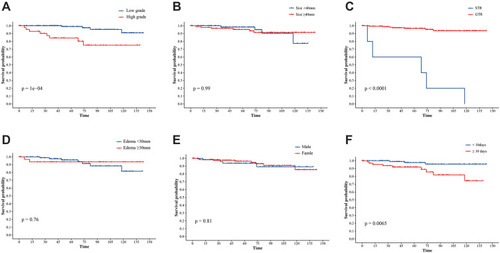 Figure 5 Kaplan-Meier survival analysis illustrating risk factors for recurrence. A comparison between the OS based on the WHO grade (A), the tumor size (B), the extent of resection (C), the extent of edema (D), the gender (E), the hospital day (F).