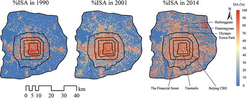 Figure 11. %ISA maps for the years of 1990, 2001, and 2014.