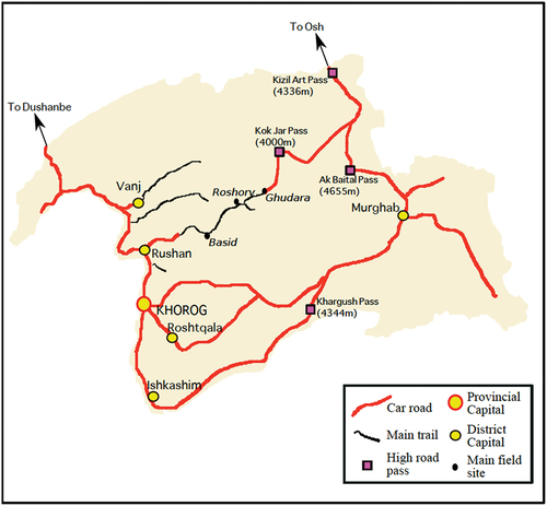 Figure 1. Car roads in the Gorno-Badakhshan Autonomous Oblast in 1986. From the Russian “Tourist Map” of 1986 (F.G. Patrunov, Po Tadzhikistanu, Profizdat, Moscow, 1987). Thanks to Markus Hauser, the Pamir Archive, http://www.mountaincartography.org/publications/papers/papers_nuria_04/hauser.pdf. © Suzy Blondin (Citation2021).