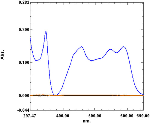 Figure 6 Scan spectrum of the complex (40 ppm NSG–DDQ, blue color), drug (40 ppm, black color), and DDQ (1 mg/mL, red color) against acetonitrile as a blank.