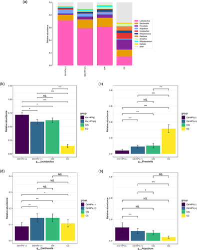 Figure 3 Column charts show the relative abundances of species in the 4 groups at the genus level. (a)Relative abundance of the top ten species at the genus level. (b–e) Comparison of relative abundance of (b) Lactobacillus, (c) Prevotella, (d) Gardnerella, (e) Atopobium in the four groups. *p < 0.05, **p < 0.01, ***p < 0.001, NSp > 0.05.