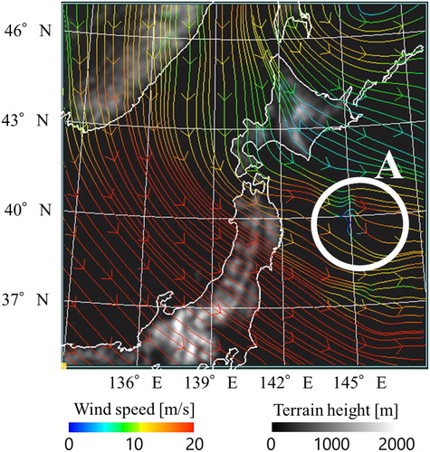Fig. 1. Computational domain, geographical height, and streamline at the assimilation time (2017/2/7 12:00 GMT) for level 12. The strong northwest wind observed in the figure is caused by a typical pressure pattern of winter in Japan. A small turbulence is found in circle A.
