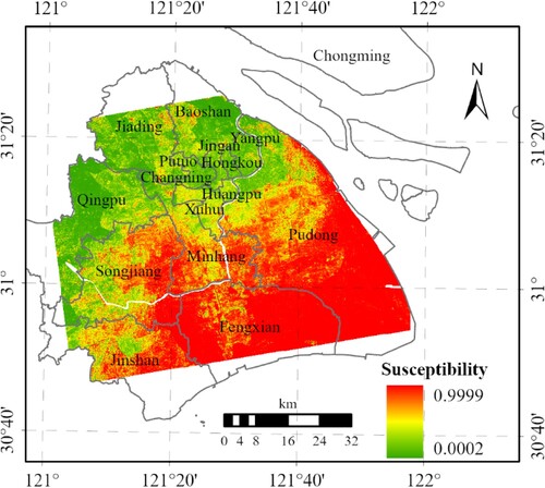 Figure 8. Ground subsidence susceptibility map of Shanghai Metro area.