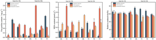 Figure 7. Changes in the content of free proline, malondialdehyde, and relative electrical conductivity of three desert plants at different times of IAA immersion and exogenous melatonin treatment.