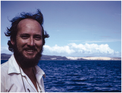 Rob Neal, with North Stradbroke Island and the Wallen Wallen Creek site in the background, 1987 (photograph by Ian J. McNiven).