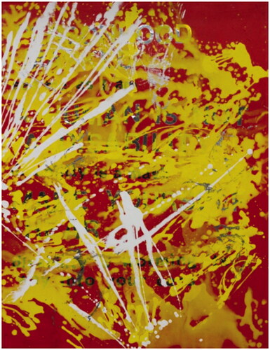 Caption: Artwork 7: Letter to Ableist A**%#$&*.Image description: A painting with a red background with splashes of yellow color with white color line splashes on the left side of the canvas. There appears to be a white capital A in the middle lower half.