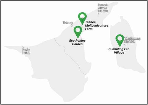 Figure 1. Map of the three research area locations in Tutong and Temburong districts