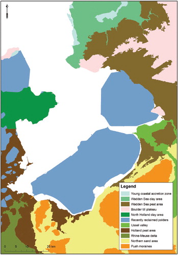Fig. 2. Archaeological Landscape Map of the Netherlands, clearly depicting the old land (Wadden Sea peat area) and new land (recently reclaimed polders) in the north-eastern Zuyder Zee Region (Rensink et al. Citation2016.).
