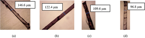 Figure 6. Optical microscope diameter images (a) unretted Jenfokie, (b) retted Jenfokie, (c) unretted Doby, and (d) retted Doby.