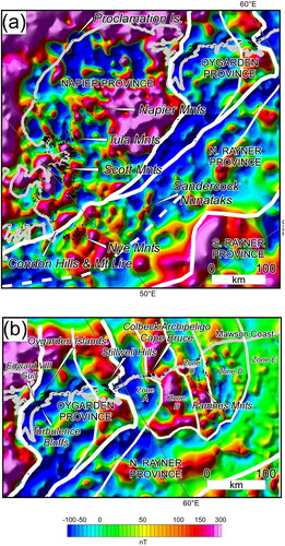Figure 5. Sun-shaded, reduced to the pole images highlighting the locations of outcrops where the geophysical expression of the rocks is discussed. (a) Napier Province and adjacent part of the Northern Rayner Province. (b) Oygarden Province and adjacent part of the Northern Rayner Province highlighting the locations of outcrops where the geophysical expression of the rocks is discussed. Location of the areas are shown in Figure 6d. All data are projected in Universal Polar Stereographic South (UPSS) and rotated 90° clockwise.