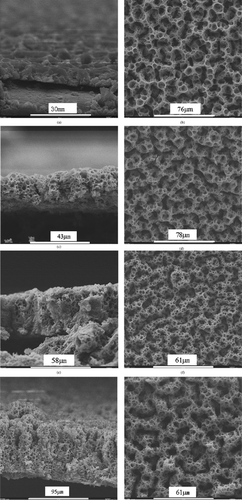 FIgure 1SEM micrographs of lithium–cobalt–oxide films with deposition time (a,b) 1 h, (c,d) 4 h, (e,f) 6 h, and (g,h) 11 h. The images (a, c, e, g) and (b, d, f, h) show the cross sections and surfaces of the films, respectively.