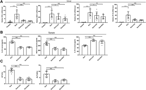 Figure 4 SBAs ameliorate inflammation associated with K. pneumoniae-induced liver abscess in. (A) Real-time RT-PCR analysis of TGF-β, MCP-1, KC, and IP-10 mRNAs expression in four different groups. (B and C) The levels of inflammatory serum markers (IL-6, MCP-1, and IL-10) (B), ALT, and AST (C) in serum from KLA mice that were treated with corn oil, LCA, or DCA. All data are expressed as means ± S.E.M (n = 8), ***P < 0.001 as compared with healthy mice; &P < 0.05, &&&P < 0.001 as compared with KLA mice.