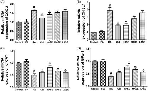 Figure 6. Effect of ASE on mRNA expression of COX-2 (A), CHI3L1 (B), CAT (C), and GPX-1 (D) in Freund’s Complete Adjuvant induced arthritis rats. Data are shown as mean ± SD (n = 8). Differences were analyzed using one-way analysis of variance followed by Tukey’s multiple comparison test. #p < 0.01 versus the control group, *p < 0.05 versus the RA group, **p < 0.01 versus the RA group.