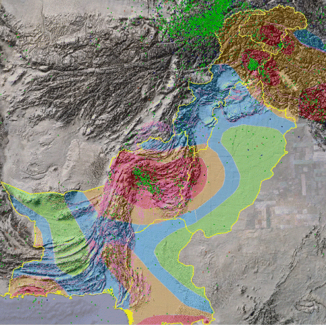 Figure 4. Shaded relief map generated from Digital Elevation Model [3 arc-seconds Shuttle Radar Topography Mission (SRTM3), Source: National Geospatial-Intelligence Agency (NGA) and National Aeronautics and Space Administration (NASA)] overlaid with structural faults (pink lines) [Source: Pakistan Geophysical Database], earthquake epicenters (green, blue, and red dots) [Source: National Earthquake Information Center (NEIC), US Geological Survey] and administrative boundaries of Pakistan (yellow). A seismic hazard zones map was generated by analyzing the faults and earthquakes patterns. It highlights four seismic risk zones; minor (green), minor to moderate (blue), moderate (orange) and severe (red).