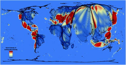 Figure 1. Global earthquake intensity on a gridded world population cartogram.