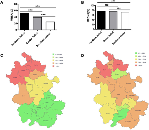 Figure 1 The detection rates of methicillin-resistant staphylococci in different regions of Anhui. (A) Differences of detection rates of MRSA in northern, central and southern Anhui. (B) Differences of detection rates of MRCNS in northern, central and southern Anhui. (C) Prevalence of MRSA among different cities in Anhui (HuiNet data). (D) Prevalence of MRCNS among different cities in Anhui (HuiNet data). ***P<0.0001.