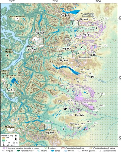 Figure 3. Broad geomorphological context of mapped valleys, including key moraine complexes. It is likely that the stratigraphically oldest moraine complexes span multiple glacial advances. Moraine complexes were mostly identified from remote mapping and should be field verified. Outlet glaciers: P: Río Pico, Ca: Río Caceres, C: Río Cisnes, PF: Lago Plata-Fontana, T: El Toqui, Ñ: Lago Coyt/Río Ñirehuao, SP: Simpson/Paso Coyhaique, and B: Balmaceda. Location and extent of maps presented in Figures 4–6 have also been included (black boxes) and photos of glaciolacustrine sediments (red dots). Modern ice extent from RGI v. 6.0, region 17 (CitationArendt et al., Citation2017).