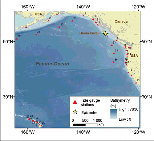 Figure 2. Location of the tide gauge stations, as presented in table 1, and the epicentre.