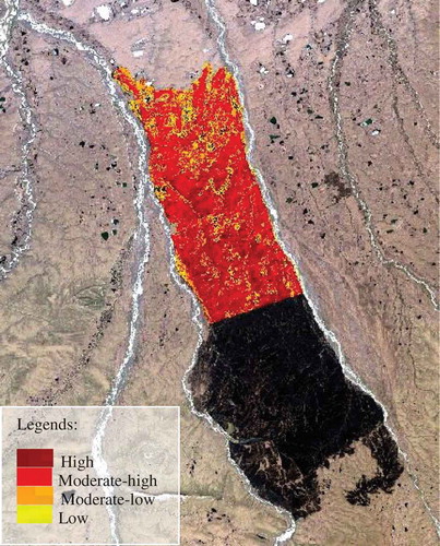 Figure 5. Burn severity classification of ARF. Black colour indicates the wildfire area which was beyond the scope of our study.