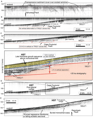 Figure 5. 3.5 kHz profiles recorded across the North Westland deformation front. A, Kahurangi Fault and associated anticline. B, C and D, Cape Foulwind Fault and associated monocline north of Westport. E, Razorback Fault and associated monocline off Barrytown. All data were acquired on RV Tangaroa voyage Tan1311 (see Figure 2 for profile locations). HST, highstand systems tract; TST, transgressive systems tract; TRS2/1, post-last glacial (<20 ka) transgressive surface.