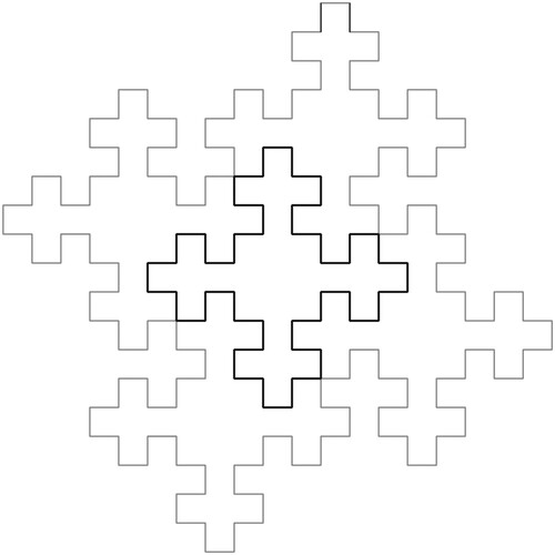 Figure 18. Tiling of the plane by order 3 Fibonacci snowflakes. Note however that this design cannot be stitched as hitomezashi, because there are vertices of order 4. This figure is inspired by Figure 2 of the paper by Blondin-Massé et al. (Citation2013).